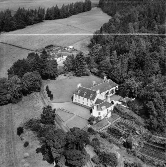 Balvarran House, Kirkmichael.  Oblique aerial photograph taken facing north.  This image has been produced from a crop marked negative.