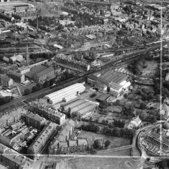 Paisley, general view, showing Scottish Wool Growers Ltd. Underwood Wool Stores, Brown Street and Fountain Gardens.  Oblique aerial photograph taken facing north-east.  This image has been produced from a crop marked negative.