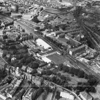 Paisley, general view, showing Scottish Wool Growers Ltd. Underwood Wool Stores, Brown Street and Renfrew Road Gasworks.  Oblique aerial photograph taken facing north-west.  This image has been produced from a crop marked negative.