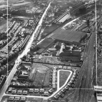 Glasgow, general view, showing British Dyewood Co. Ltd. Carntyne Dyewood Mills, Shettleston Road and Westmuir Street.  Oblique aerial photograph taken facing west.  This image has been produced from a crop marked negative.
