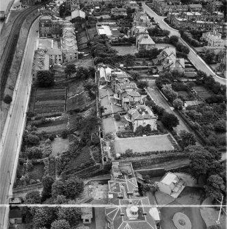 Manor House, Boswall House and Forthview House, Boswall Road, Edinburgh.  Oblique aerial photograph taken facing east.  This image has been produced from a crop marked negative.