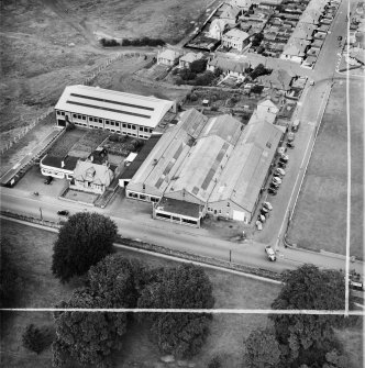 Millars Garage and Lea Park Tea Room, Callendar Road, Falkirk.  Oblique aerial photograph taken facing north.  This image has been produced from a crop marked negative.