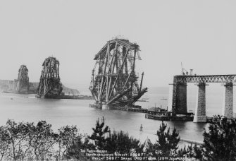 View of the bridge under construction.
Insc. 'The Forth Bridge. Length including Viaduct 8098 Ft. Height 369 Ft. Spans 1710 Ft each. (23rd June 1888)  616.'