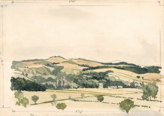 Watercolour landscape of Melrose with Abbey in the distance.