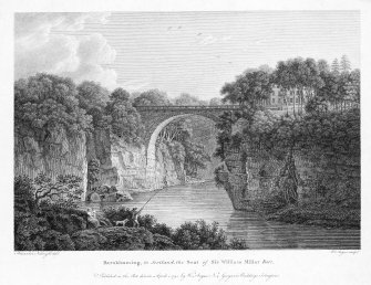 Engraving showing bridge and view from North-West.
Title:  Barskimming, in Scotland, The Seat of Sir William Millar Bart