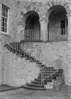View of external stair and ironwork on North West front, Ardkinglas House.
