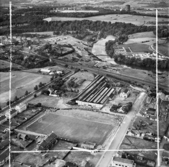 Blantyre, general view, showing Blantyre Engineering Co. Ltd. Works, John Street and Bothwellbank Sewage Works.  Oblique aerial photograph taken facing north.  This image has been produced from a crop marked negative.