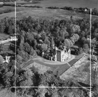Eriska House, Isle of Eriska.  Oblique aerial photograph taken facing east.  This image has been produced from a crop marked negative.