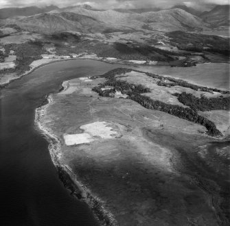 Isle of Eriska, general view, showing Eriska House and Glaceriska Bay.  Oblique aerial photograph taken facing east.