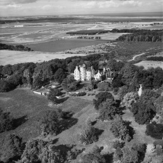 Innes House and Walled Garden and Milltown Airfield, Elgin.  Oblique aerial photograph taken facing north-west.