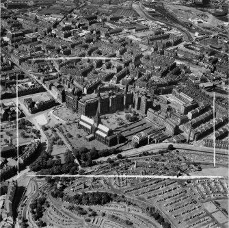 Glasgow, general view, showing Royal Infirmary and Glasgow Cathedral.  Oblique aerial photograph taken facing north-west.  This image has been produced from a crop marked negative.