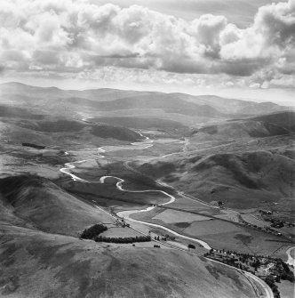 Clydesdale, general view, showing Daer Water and Watchman Hill.  Oblique aerial photograph taken facing south.