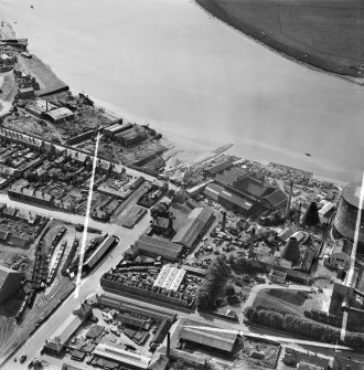 Alloa Glass Works, Glasshouse Loan, Alloa.  Oblique aerial photograph taken facing south.  This image has been produced from a crop marked negative.