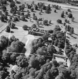 Scone Palace and Mote Church, Boot Hill.  Oblique aerial photograph taken facing south-west.  This image has been produced from a crop marked negative.