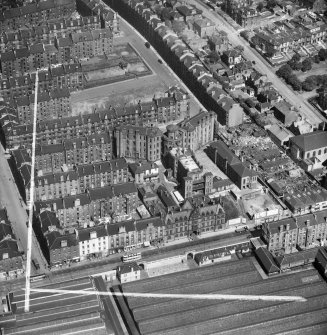 Eastern District Hospital, Duke Street, Glasgow.  Oblique aerial photograph taken facing north-east.  This image has been produced from a crop marked negative.