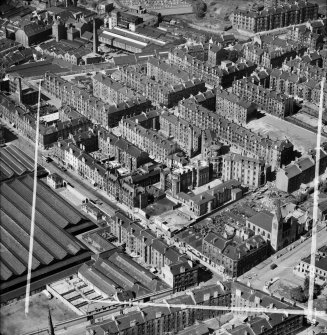 Glasgow, general view, showing Eastern District Hospital, Duke Street and Tennent's Wellpark Brewery.  Oblique aerial photograph taken facing north-west.  This image has been produced from a crop marked negative.