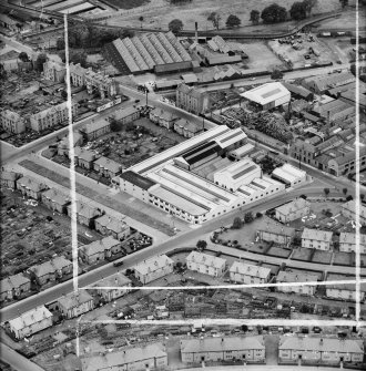 Lawside Engineering and Foundry Co. Ltd. and McGregor and Balfour Ltd. North Tay Works, Loon's Road, Dundee.  Oblique aerial photograph taken facing north-west.  This image has been produced from a crop marked negative.