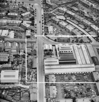 Lawside Engineering and Foundry Co. Ltd., Loon's Road and Alpin Terrace, Dundee.  Oblique aerial photograph taken facing east.  This image has been produced from a crop marked negative.
