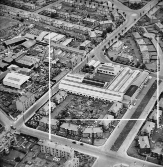 Lawside Engineering and Foundry Co. Ltd. and McGregor and Balfour Ltd. North Tay Works, Loon's Road, Dundee.  Oblique aerial photograph taken facing north-east.  This image has been produced from a crop marked negative.