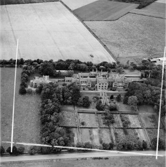 Ladysbridge Hospital, Boyndie.  Oblique aerial photograph taken facing north.  This image has been produced from a crop marked negative.