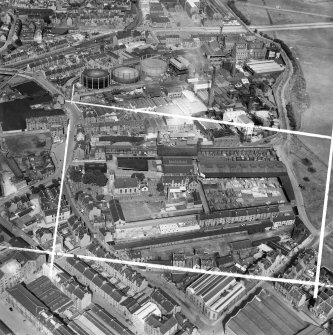 Aberdeen, general view, showing John Fleming and Co. Ltd. Timber Yard, St Clement Street and Aberdeen Gas Works.  Oblique aerial photograph taken facing north.  This image has been produced from a crop marked negative.