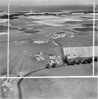 Fenton Barns, Drem, general view.  Oblique aerial photograph taken facing north.  This image has been produced from a crop marked negative.