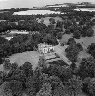 Oxenfoord Castle School, Pathhead.  Oblique aerial photograph taken facing north.  This image has been produced from a crop marked negative.