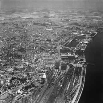 Dundee, general view, showing Dundee Harbour and Goods Stations.  Oblique aerial photograph taken facing north-east.