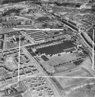 Glasgow, general view, showing Macfarlane, Lang and Co. Victoria Biscuit Works, Clydeford Drive and Tolcross Road.  Oblique aerial photograph taken facing north.  This image has been produced from a crop marked negative.