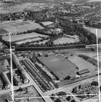 Macfarlane, Lang and Co. Victoria Biscuit Works, Clydeford Drive and Tolcross Park, Glasgow.  Oblique aerial photograph taken facing north-east.  This image has been produced from a crop marked negative.