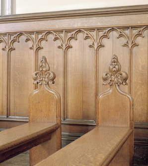 Interior. Chapel. Detail of pew ends and panelling