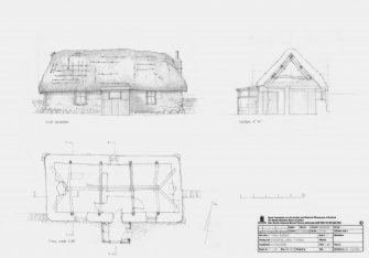 Dornie, 12 Lower Ardelve, cruck-framed cottage: Elevation, Ground floor plan and cross-section