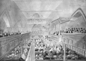 Copy of watercolour in Museum showing church congregation.