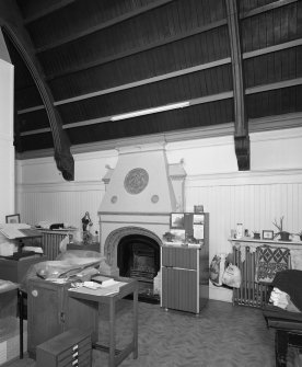 Interior, view of second floor former Billiard room showing fireplace and vaulted timber ceiling