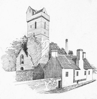 Engraved view of St Serf's Church and No.1 Panha' from South West.