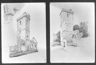 Two engraved views of St Serf's Church. 
