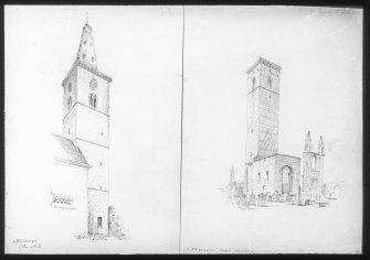 St. Drostan's Church tower, Markinch,  from North East, and St. Regulus' tower, St Andrew's.
Lantern Slide.