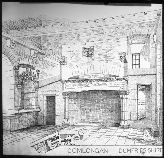 Drawing of hall and fireplace.