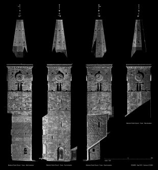 Elevation images of the tower at St Drostan's Parish Church produced by laser scanning