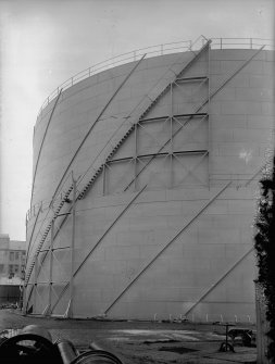 General view of new Number 4 spiral guided gas holder fully inflated, showing spiral stairways, Meadow Flat Gasholder Station, Holyrood Road, Edinburgh.