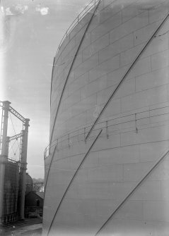 General view of new Number 4 spiral guided gas holder fully inflated, with Number 5 gas holder partially inflated, Meadow Flat Gasholder Station, Holyrood Road, Edinburgh.