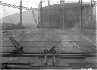 General view of new crown sheeting to Number 4 gas holder with Number 5 gasholder in background,  Meadow Flat Gasholder Station, Holyrood Road, Edinburgh.