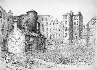 View of ruined Tanner's Close in the West Port, Edinburgh.
Titled: "Burke and Hare's House. West Port -back of Tanner's Close"
