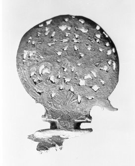 Engraved copper-alloy cock-foot from a pocket-watch. Width 22 mm.