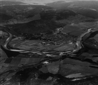 Ballater and Craigendarroch, Balmoral Estate.  Oblique aerial photograph taken facing north.  This image has been produced from a print.