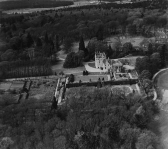 Crathes Castle and Garden, Banchory.  Oblique aerial photograph taken facing west.  This image has been produced from a print.