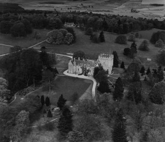 Drum Castle, Drumoak.  Oblique aerial photograph taken facing north.  This image has been produced from a print.