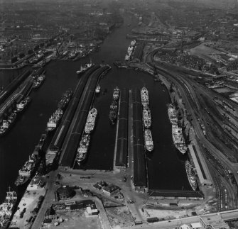 Queen's Dock, Glasgow.  Oblique aerial photograph taken facing west.  This image has been produced from a print.
