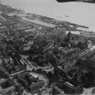 Dundee, general view, showing Dundee Museum and Art Gallery, Albert Sqaure and Victoria Dock.  Oblique aerial photograph taken facing east.  This image has been produced from a print.