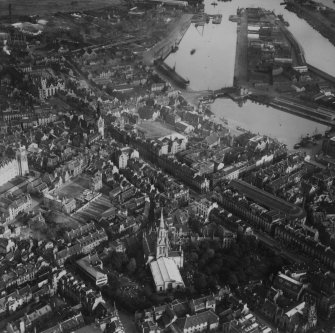 Aberdeen, general view, showing Kirk of St Nicholas, Union Street and Victoria Dock.  Oblique aerial photograph taken facing east.  This image has been produced from a print.